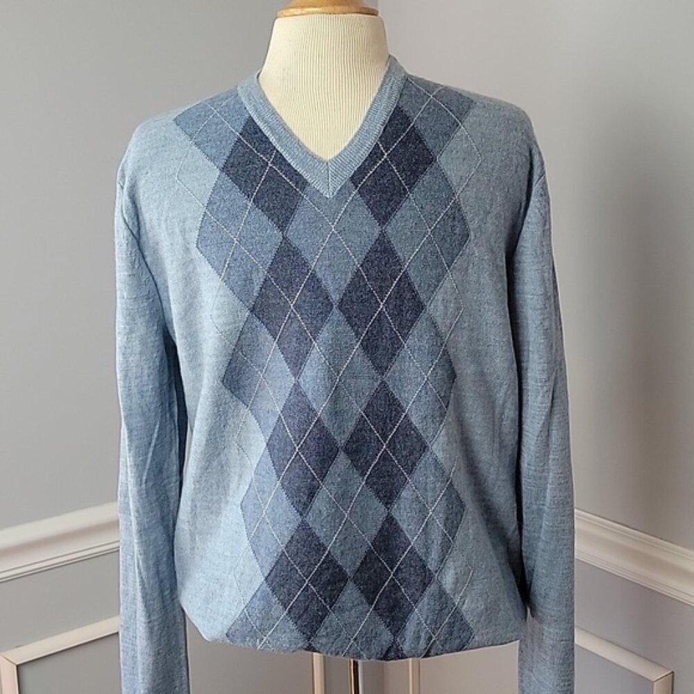 BANANA REPUBLIC Blue Argyle 100% Wool V-Neck Pull Over Preppy Academia Sweater M